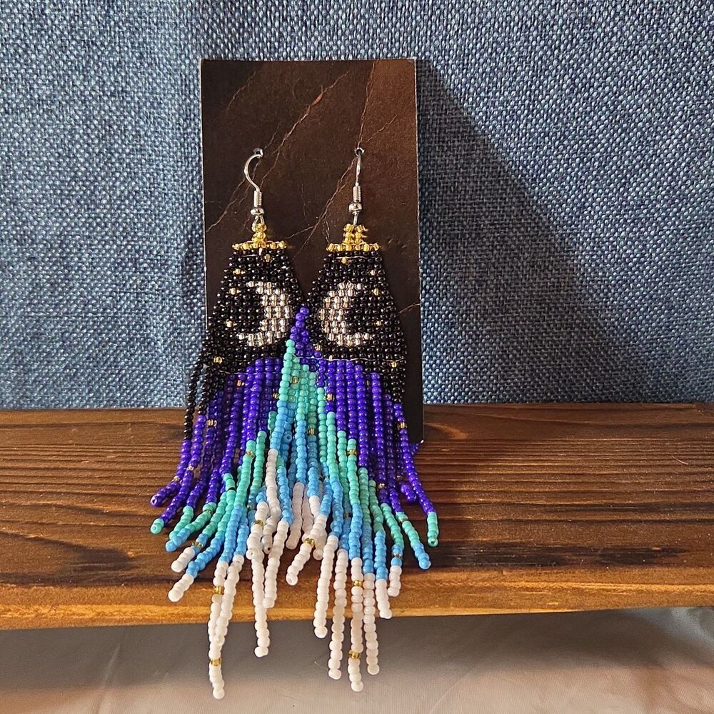 Boho Celestial Moon Seed Bead Fringe Dangle Earrings - Picture 8 of 16